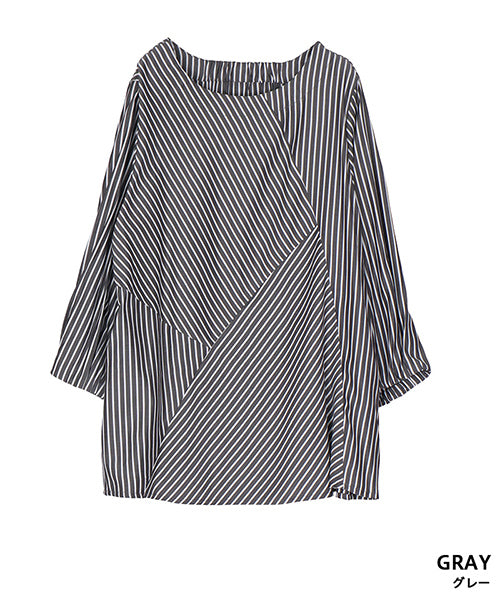 ストライプ切替7分袖ブラウスプルオーバー 33-0496
