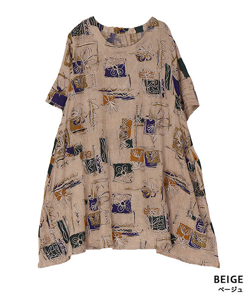 アートプリントフラワー刺繍Aラインチュニック 33-0505｜40代 50代 60