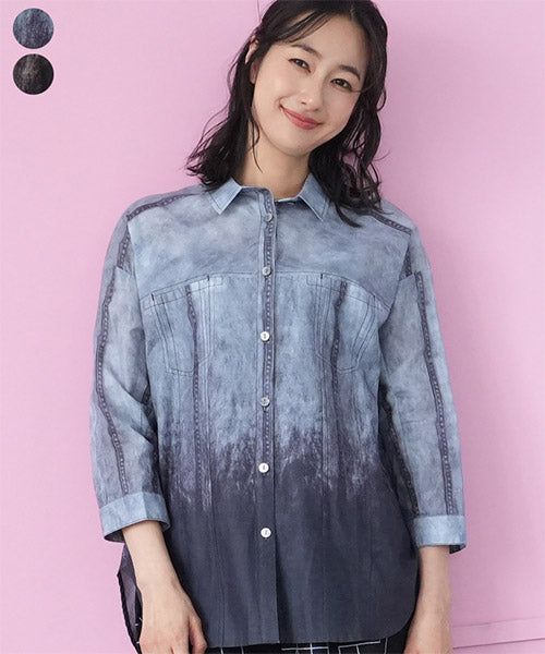 綿100％ぼかしプリント長袖シャツブラウス 33-0520