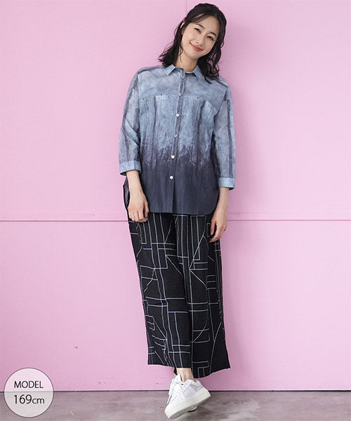 綿100％ぼかしプリント長袖シャツブラウス 33-0520