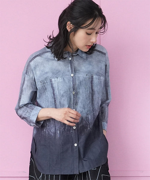 綿100％ぼかしプリント長袖シャツブラウス 33-0520