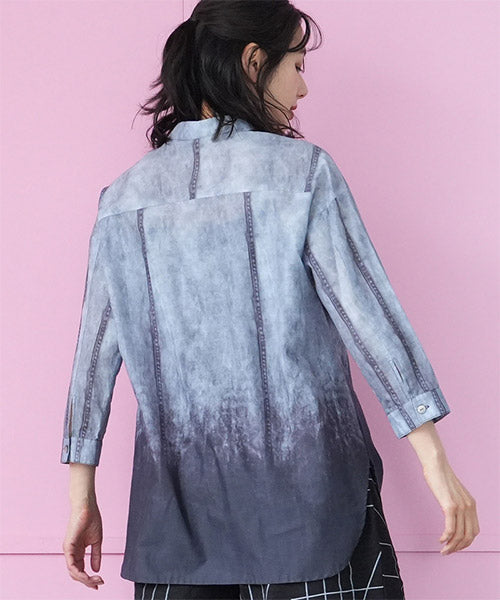 綿100％ぼかしプリント長袖シャツブラウス 33-0520