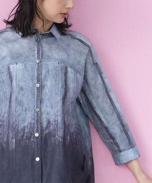 綿100％ぼかしプリント長袖シャツブラウス 33-0520