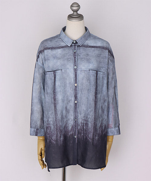 綿100％ぼかしプリント長袖シャツブラウス 33-0520