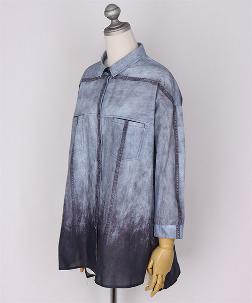 綿100％ぼかしプリント長袖シャツブラウス 33-0520