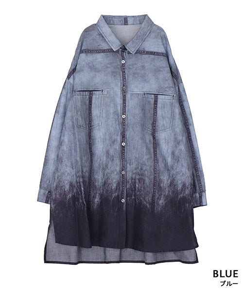 綿100％ぼかしプリント長袖シャツブラウス 33-0520