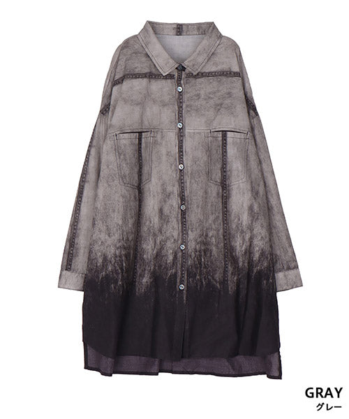 綿100％ぼかしプリント長袖シャツブラウス 33-0520