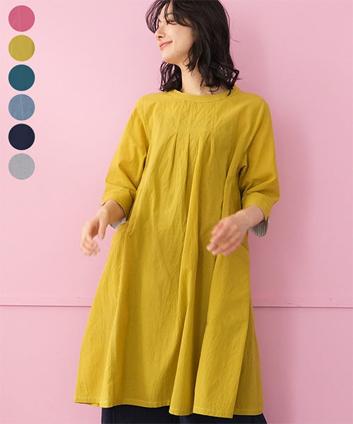 綿100％タック使い切替6分袖チュニック 33-0525