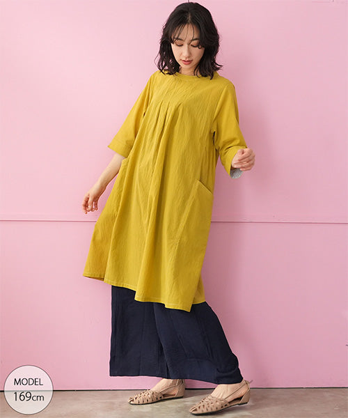綿100％タック使い切替6分袖チュニック 33-0525