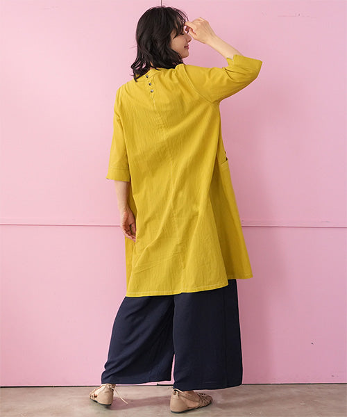 綿100％タック使い切替6分袖チュニック 33-0525
