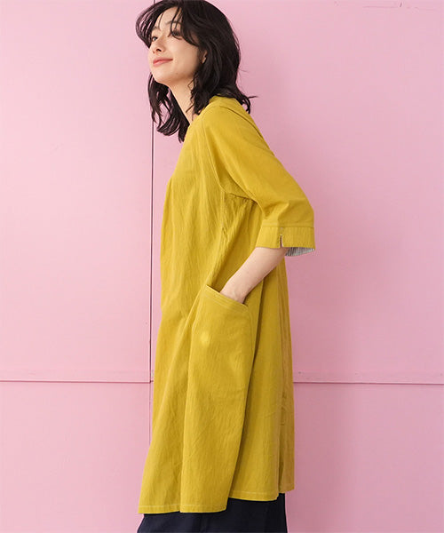 綿100％タック使い切替6分袖チュニック 33-0525