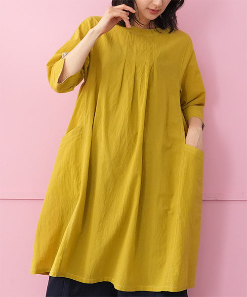 綿100％タック使い切替6分袖チュニック 33-0525