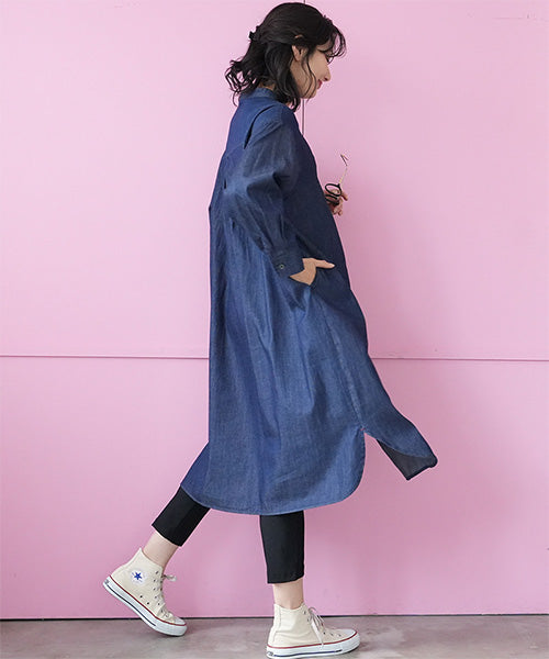 R by45rpm コットン100% 長袖 ワンピース バンドカラー 切り替え 綿100％バンドカラータック切替ロングシャツワンピース 33-0532｜40代