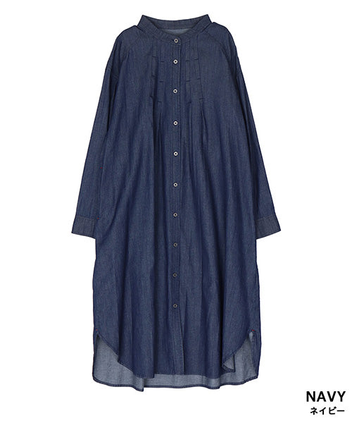 綿100％バンドカラータック切替ロングシャツワンピース 33-0532｜40代