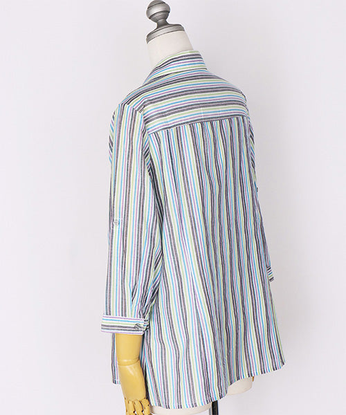 綿100％マルチストライプ柄スキッパーカラー8分袖シャツブラウス 33-0539