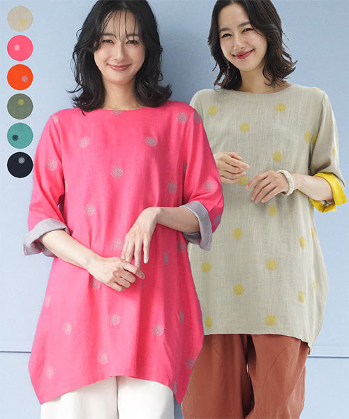 【再入荷&新色登場】リネン混ドット刺繍6分袖コクーンチュニック 36-0848