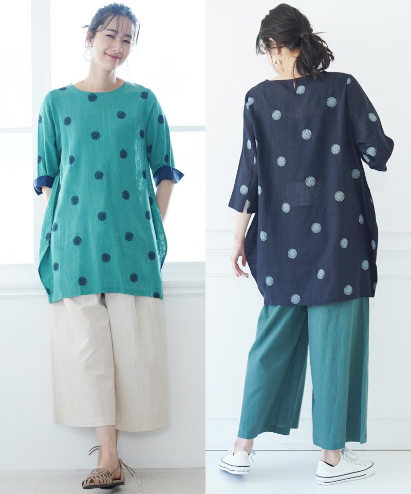 リネン混ドット刺繍6分袖コクーンチュニック 36-0848｜40代 50代 60代