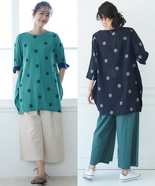 リネン混ドット刺繍6分袖コクーンチュニック 36-0848
