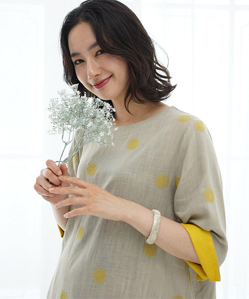 リネン混ドット刺繍6分袖コクーンチュニック 36-0848