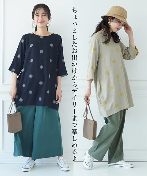 リネン混ドット刺繍6分袖コクーンチュニック 36-0848