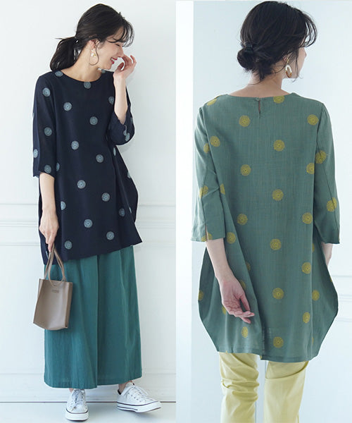 リネン混ドット刺繍6分袖コクーンチュニック 36-0848