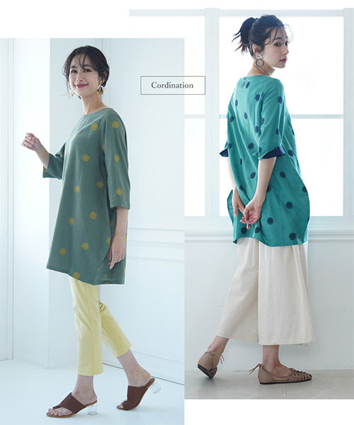 リネン混ドット刺繍6分袖コクーンチュニック 36-0848