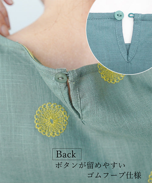 リネン混ドット刺繍6分袖コクーンチュニック 36-0848