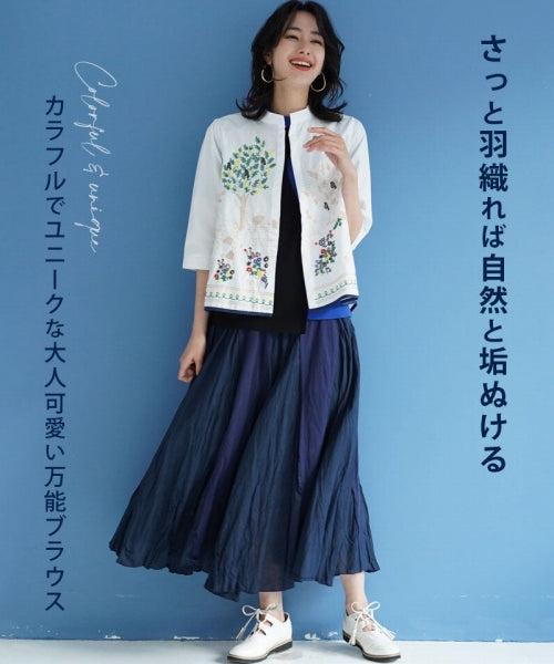 綿100％ボタニカル刺繍7分袖バンドカラーAラインシャツブラウス 36-0975