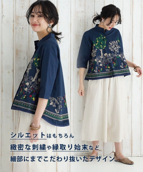 綿100％ボタニカル刺繍7分袖バンドカラーAラインシャツブラウス 36-0975