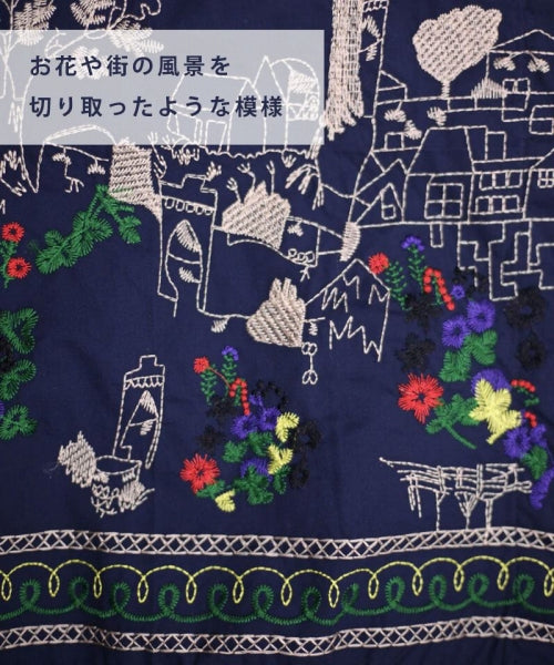 綿100％ボタニカル刺繍7分袖バンドカラーAラインシャツブラウス 36-0975