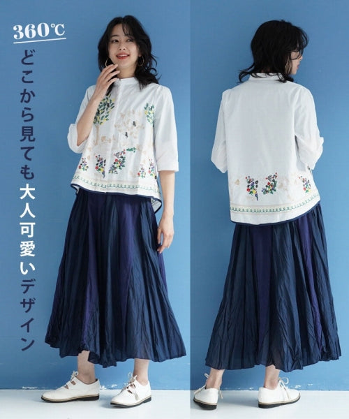 綿100％ボタニカル刺繍7分袖バンドカラーAラインシャツブラウス 36-0975