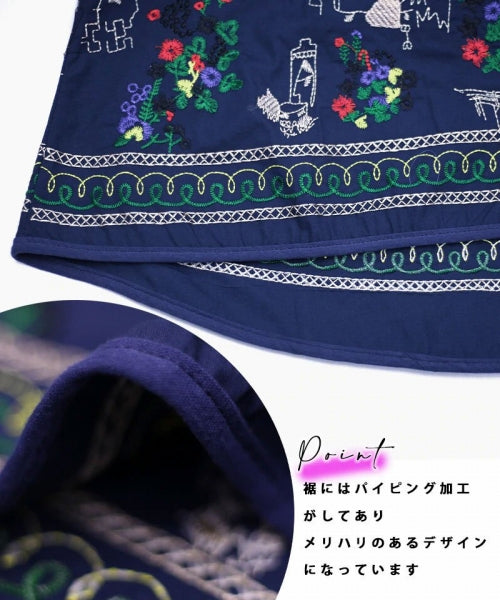 綿100％ボタニカル刺繍7分袖バンドカラーAラインシャツブラウス 36-0975