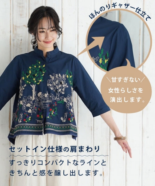 綿100％ボタニカル刺繍7分袖バンドカラーAラインシャツブラウス 36-0975