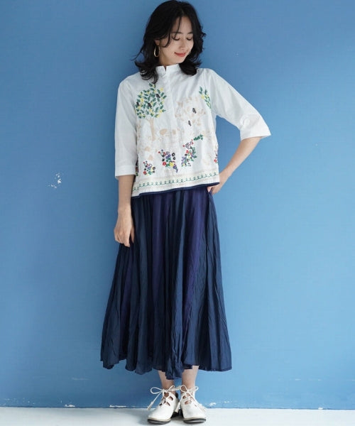綿100％ボタニカル刺繍7分袖バンドカラーAラインシャツブラウス 36-0975