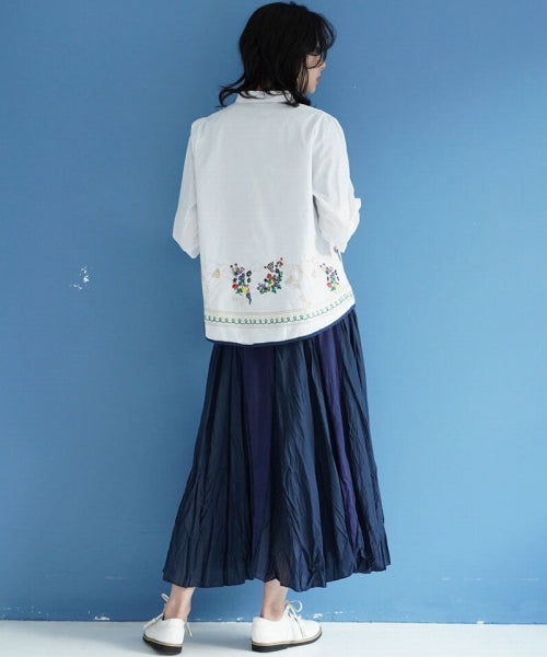 綿100％ボタニカル刺繍7分袖バンドカラーAラインシャツブラウス 36-0975
