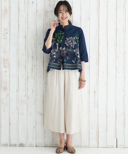 綿100％ボタニカル刺繍7分袖バンドカラーAラインシャツブラウス 36-0975