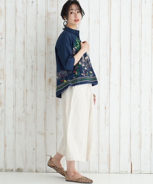 綿100％ボタニカル刺繍7分袖バンドカラーAラインシャツブラウス 36-0975
