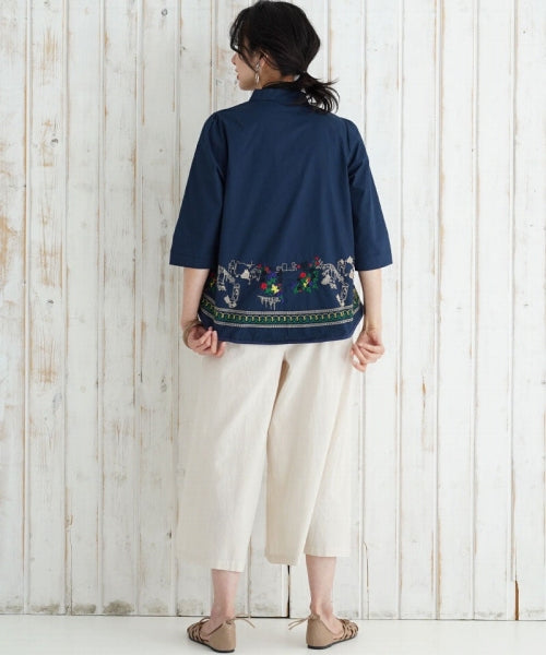綿100％ボタニカル刺繍7分袖バンドカラーAラインシャツブラウス 36-0975