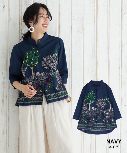 綿100％ボタニカル刺繍7分袖バンドカラーAラインシャツブラウス 36-0975