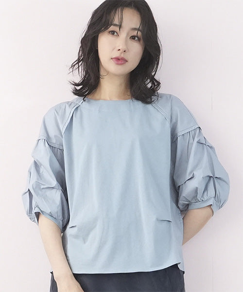 極美品✨2023 ルネ ロゴ入り バルーンスリーブシアートップス 濃紺 36 異素材切替バルーンスリーブラウンドネックワイドカットソー 36