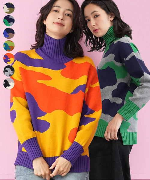 迷彩柄長袖ハイネックリブ切替ニット 36-1062