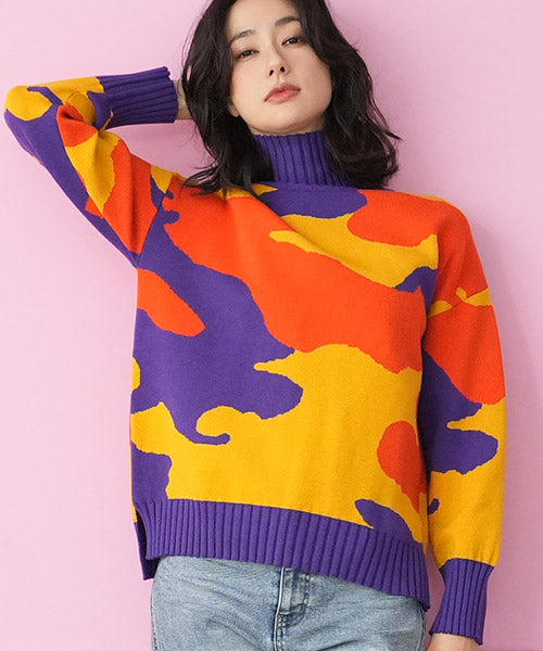 迷彩柄長袖ハイネックリブ切替ニット 36-1062