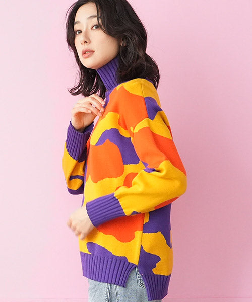 迷彩柄長袖ハイネックリブ切替ニット 36-1062