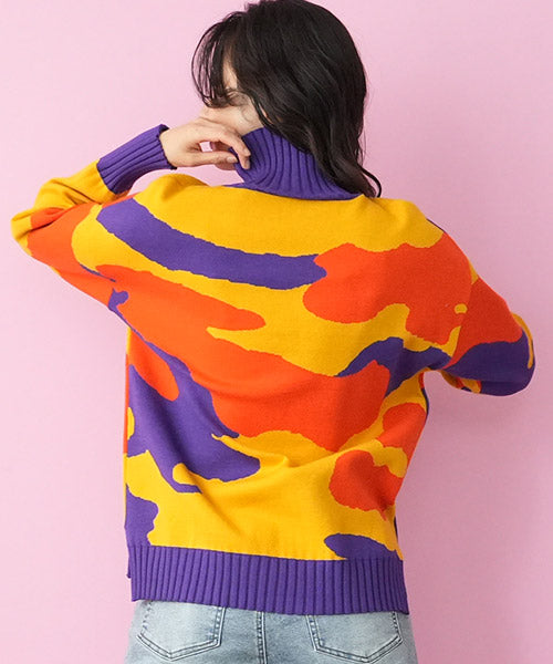 迷彩柄長袖ハイネックリブ切替ニット 36-1062