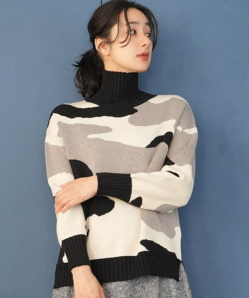 迷彩柄長袖ハイネックリブ切替ドロップショルダーニット｜40代 50代 60