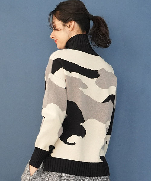迷彩柄長袖ハイネックリブ切替ニット 36-1062