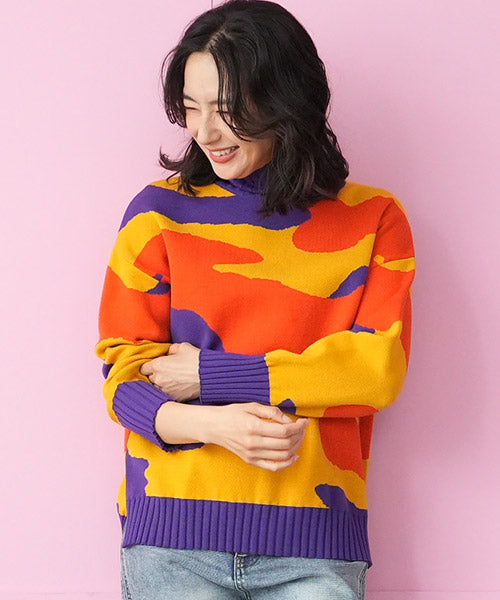 迷彩柄長袖ハイネックリブ切替ドロップショルダーニット｜40代 50代 60