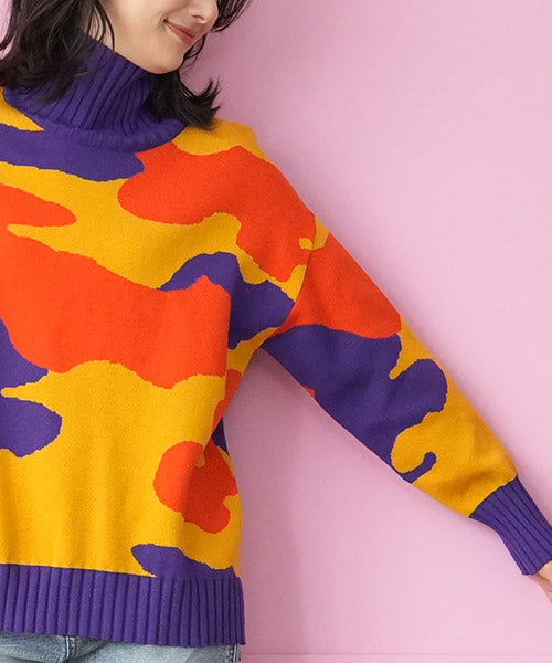 迷彩柄長袖ハイネックリブ切替ニット 36-1062