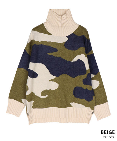 迷彩柄長袖ハイネックリブ切替ニット 36-1062