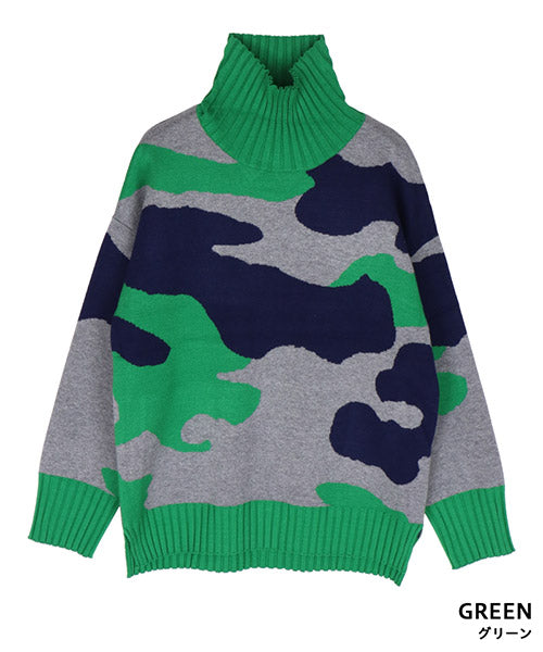 迷彩柄長袖ハイネックリブ切替ニット 36-1062